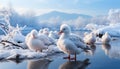 Cute swan family flying over frozen pond in winter generated by AI Royalty Free Stock Photo