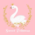 Cute swan princess. Beautiful lake swans bird in golden crown, sweet princess girl gift card vector illustration