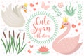 Cute swan princess character set of objects. Collection of design element with swans, reeds, water lily, flowers, plants