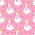 Cute Swan Princess With Crown Seamless Vector Pattern On Pink Background