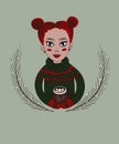 a cute swarthy girl with red hair and red cheeks of European appearance with a cool hairstyle in a Christmas green warm sweater