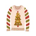 Cute sweater with Christmas tree and fringe vector flat illustration. Knitted festive clothes with striped sleeves