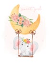 Cute sweet baby elephant pink girl adorable smile sit on flower crescent moon swing, watercolor animal cartoon han drawn Royalty Free Stock Photo