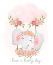 Cute sweet baby elephant pink girl adorable smile sitting on flower swing, watercolor animal cartoon han drawn illustration