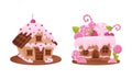 Cute sweet candy houses set. Lovely pink cottages made biscuits and candies cartoon vector illustration