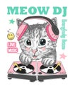 Cute sweet cat DJ play music. Kitten head with earphones, console, slogan Royalty Free Stock Photo