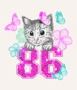 Cute sweet cat kitten head with flower, butterfly, 86 year shine sequins slogan. Royalty Free Stock Photo