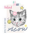 Cute sweet cat kitten head with star, flower, meow, born to be awesome slogan