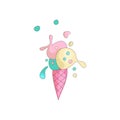 Cute sweet colored ice cream with pink cartoon waffle. Sweet summer ice cream dessert. Colored icecream icon with