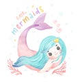 Cute sweet colorful pastel watercolor happy joyful little mermaid aqua blue hair, whimsical adorable children cartoon character