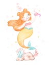 Cute sweet colorful pastel watercolor happy joyful little mermaid ginger orange hair, whimsical adorable children cartoon