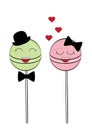 Cute sweet couple. love. Two round cartoon candy. Kawaii. Valentines day. Vector