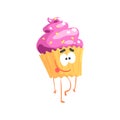 Cute sweet cupcake character, cartoon funny dessert vector Illustration Royalty Free Stock Photo