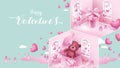 Cute and sweet elements in shape of heart, box of gift, teddy bear flying on pink background. Vector symbols of love for Happy Royalty Free Stock Photo