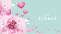 Cute and sweet elements in shape of heart, box of gift, teddy bear flying on pink background. Vector symbols of love for Happy Royalty Free Stock Photo