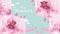 Cute and sweet elements in shape of heart, box of gift, teddy bear flying on pink background. Vector symbols of love for Happy Royalty Free Stock Photo