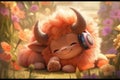 a cute and sweet fairy baby buffalo, sweet smile, small Peach bloson around, wearing a big headphone