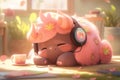 a cute and sweet fairy baby buffalo, sweet smile, small Peach bloson around, wearing a big headphone