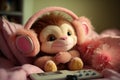 a cute and sweet fairy baby monkey, sweet smile, wearing a big headphone