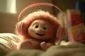 a cute and sweet fairy baby monkey, sweet smile, wearing a big headphone