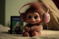 a cute and sweet fairy baby monkey, sweet smile, wearing a big headphone