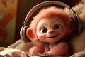 a cute and sweet fairy baby monkey, sweet smile, wearing a big headphone