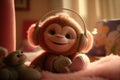 a cute and sweet fairy baby monkey, sweet smile, wearing a big headphone