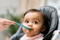 Cute, sweet and girl baby eating puree for lunch, dinner or snack in her high chair at home. Child development, food and Royalty Free Stock Photo