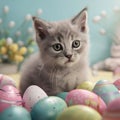 cute sweet grey tabby Baby Cat sitting in a room with many beautifull painted easter eggs around the baby cat Generative Royalty Free Stock Photo