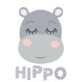 Cute sweet little hippo smiling face art. Kids nursery scandinavian hand drawn illustration. Simple children nursery