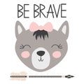 Cute sweet little wolf smiling face art. Lettering quote to be brave. Kids nursery scandinavian hand drawn illustration. Graphic