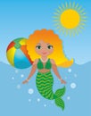 Beautiful and sweet mermaid swimming in sea with a ball. Vector illustration.