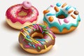 Cute sweet objects 3d illustration cartoon donuts on color background. Doughnuts day