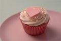 Cute sweet pastel pink vanilla cupcake whipped cream decorated heart topping sugar icing sprinkles muffin cake Royalty Free Stock Photo