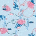 Cute sweet pastel Seamless pattern with hand drawn corals Golden ,and treasure animal,fishes, ropes and pearls on light blue