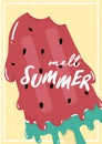 Cute sweet red watermelon melted ice cream popsicle summer card with melt summer text