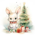 Cute and sweet tiny Christmas bunny sitting by a Christmas tree and gifts