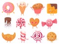 Cute sweets. Happy cupcake mascot, funny sweet candy character and smiled donut. Cookies, ice cream and croissant cartoon mascots Royalty Free Stock Photo