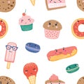 Cute sweets seamless pattern. Desserts colorful backdrop. Ice cream cones, popsicles, cupcakes, macaroons and eclair