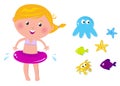 Cute swimmer girl and ocean animals icons Royalty Free Stock Photo