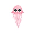 Cute swimming jellyfish. Pink sea animal with long tentacles. Marine creature. Flat vector for postcard or children book Royalty Free Stock Photo