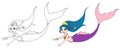 Cute swimming mermaid. Hand drawn contour vector doodle. Can be used for children mobile games, coloring books, stickers, cards,