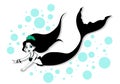 Cute swimming mermaid vector design. Contour hand drawn girl with black hair and tail. Isolated on white background and bubbles.