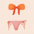 Cute Swimsuit. Orange bra, pink pants in white polka dots, red ties. Two-Piece, ribbons and wavy edges, textured