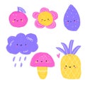 Cute symbols for kids. Flower, pineapple, cloud and other tiny characters