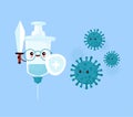 Cute syringe with sword fight with virus