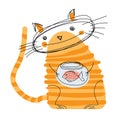 Cute tabby cat. Cartoon animal character. Good smiling cat holding fish in aquarium. Funny kitty and fishbowl. Flat