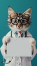 Cute tabby cat dressed as a vet doctor with glasses, holding a blank sign mock-up with space for text Royalty Free Stock Photo