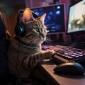 Cute tabby cat is enjoying gaming session on computer