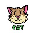 Cute tabby cat face with meow text clipart. Hand drawn pet kitty animal. Fun typography feline mammal doodle in flat color.